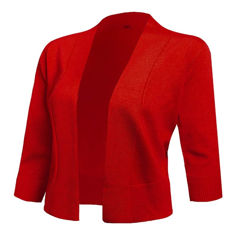 AAMILIFE Women's 3/4 Sleeve Cropped Cardigans Sweaters Jackets Open Front Short Shrugs for Dresses Red M - Image 1